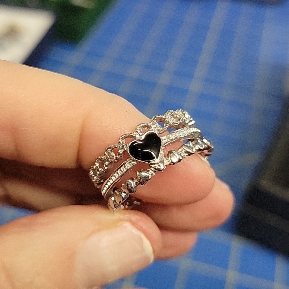 Black Heart Silver Tone Ring Size 8 Adjustable